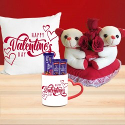 Valentine mug and cushion with couple teddy mug , red roses and chocolates